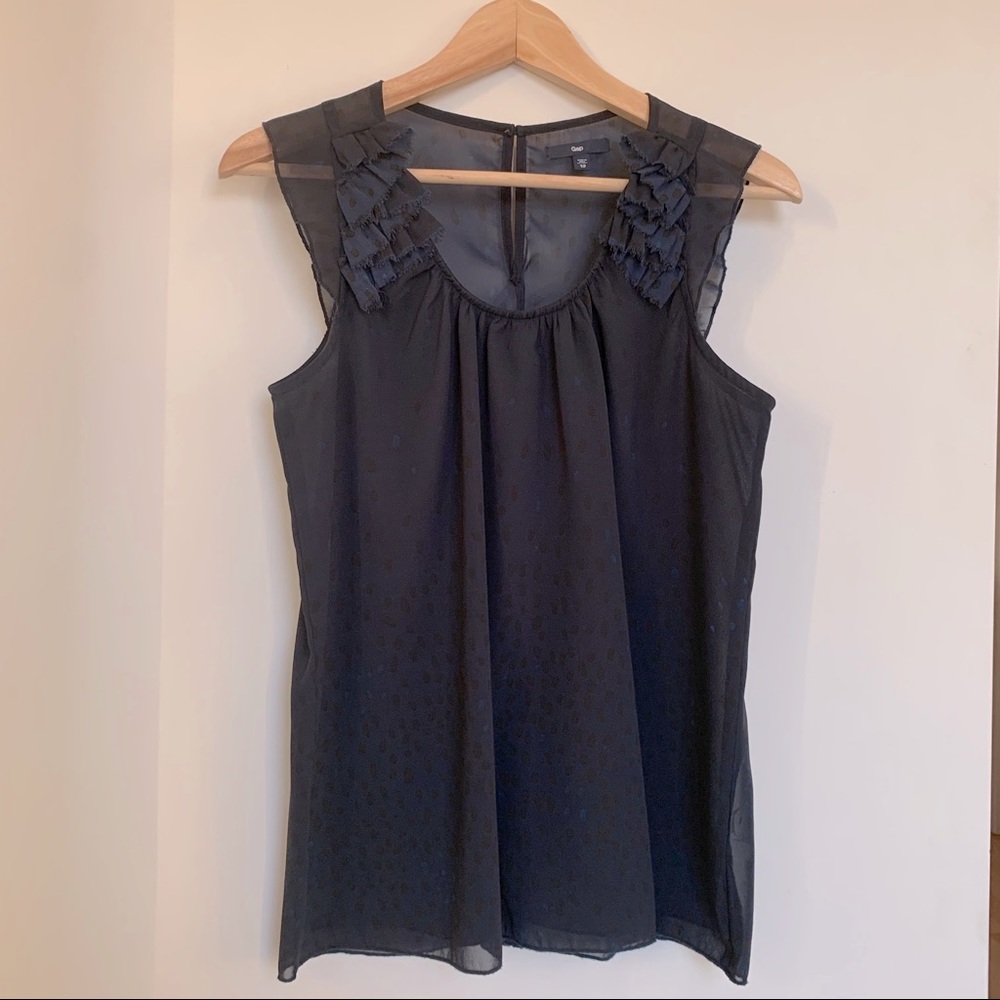 Gap sheer navy blue top with ruffles and polka dots